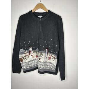 Croft & Barrow Winter Snowman Sweater Cardigan Size L Full Zip Ramie Silk Blend